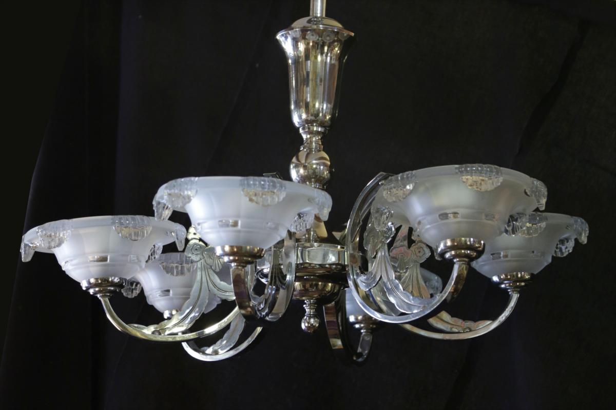 Art Deco Chandelier, Chrome, 6 Lights