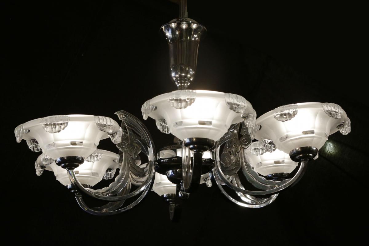 Lustre Art Deco, Chrome, 6 Lumières -photo-4