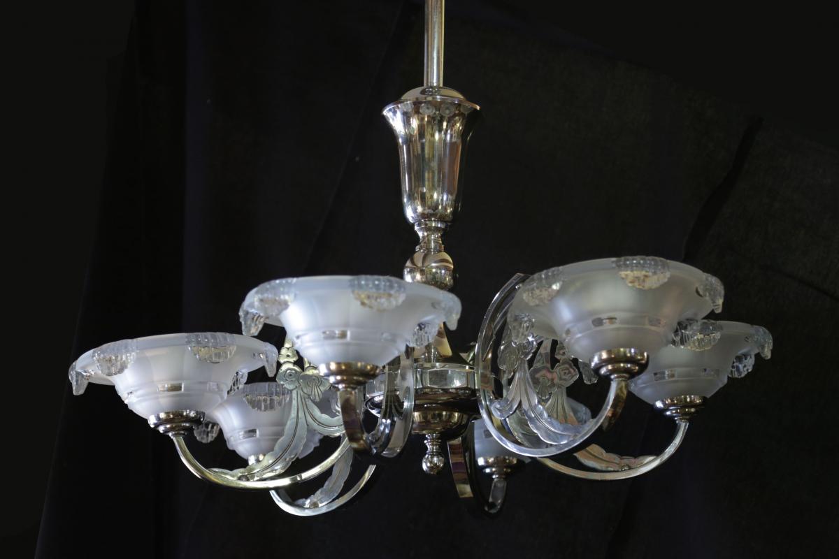 Lustre Art Deco, Chrome, 6 Lumières -photo-5