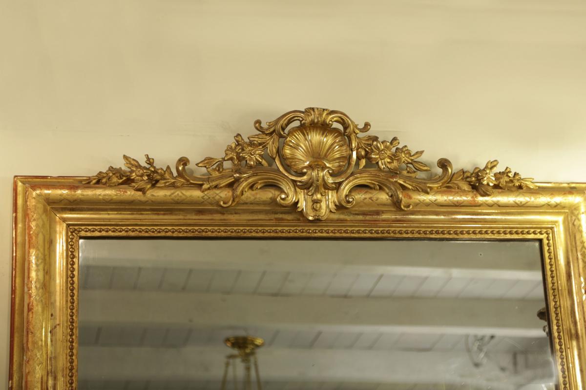 Grand Miroir de cheminée XIXème Doré à l'Or (hauteur: 180 cm) -photo-2