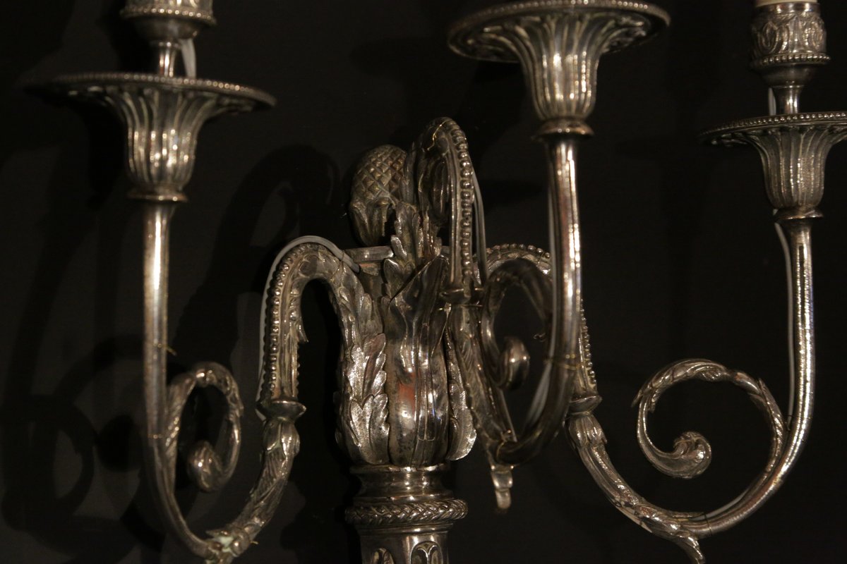 Paire d'Appliques En Bronze Argenté, Louis XVI, époque XVIIIème Siècle -photo-8