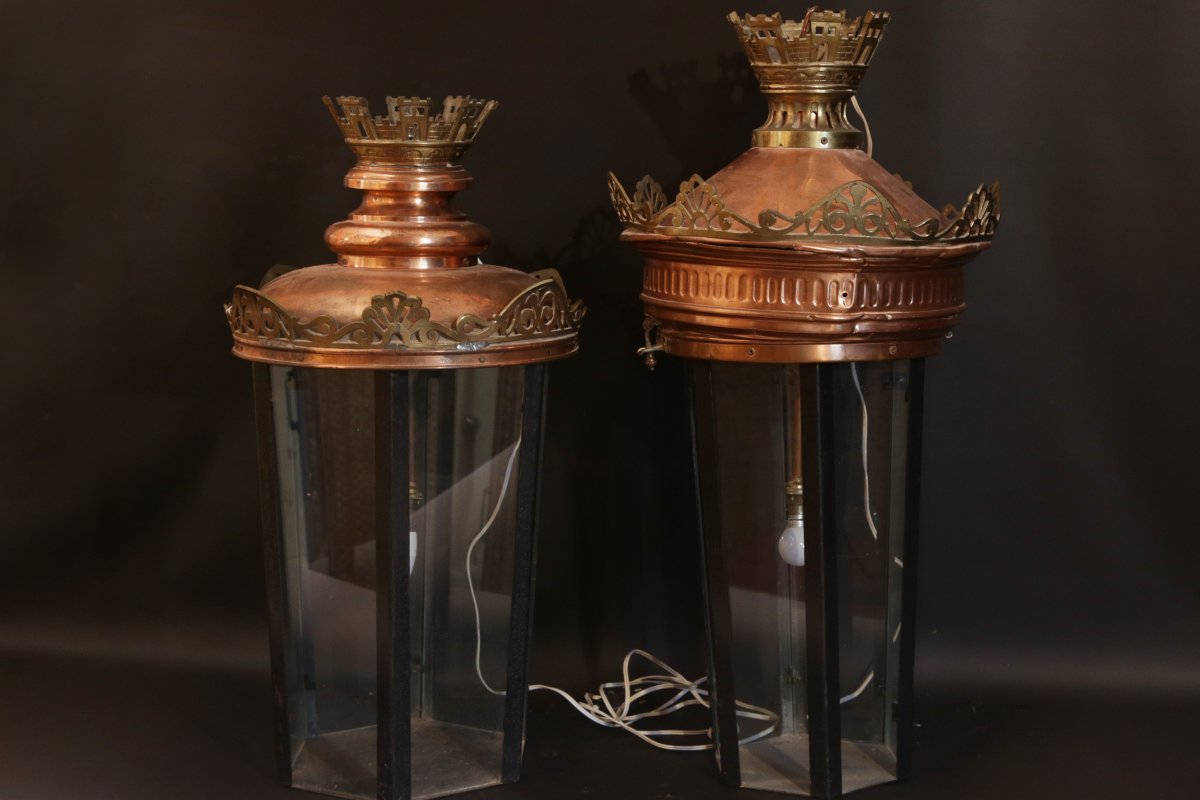 Pair Of Copper And Brass Lanterns (false Pair)-photo-4