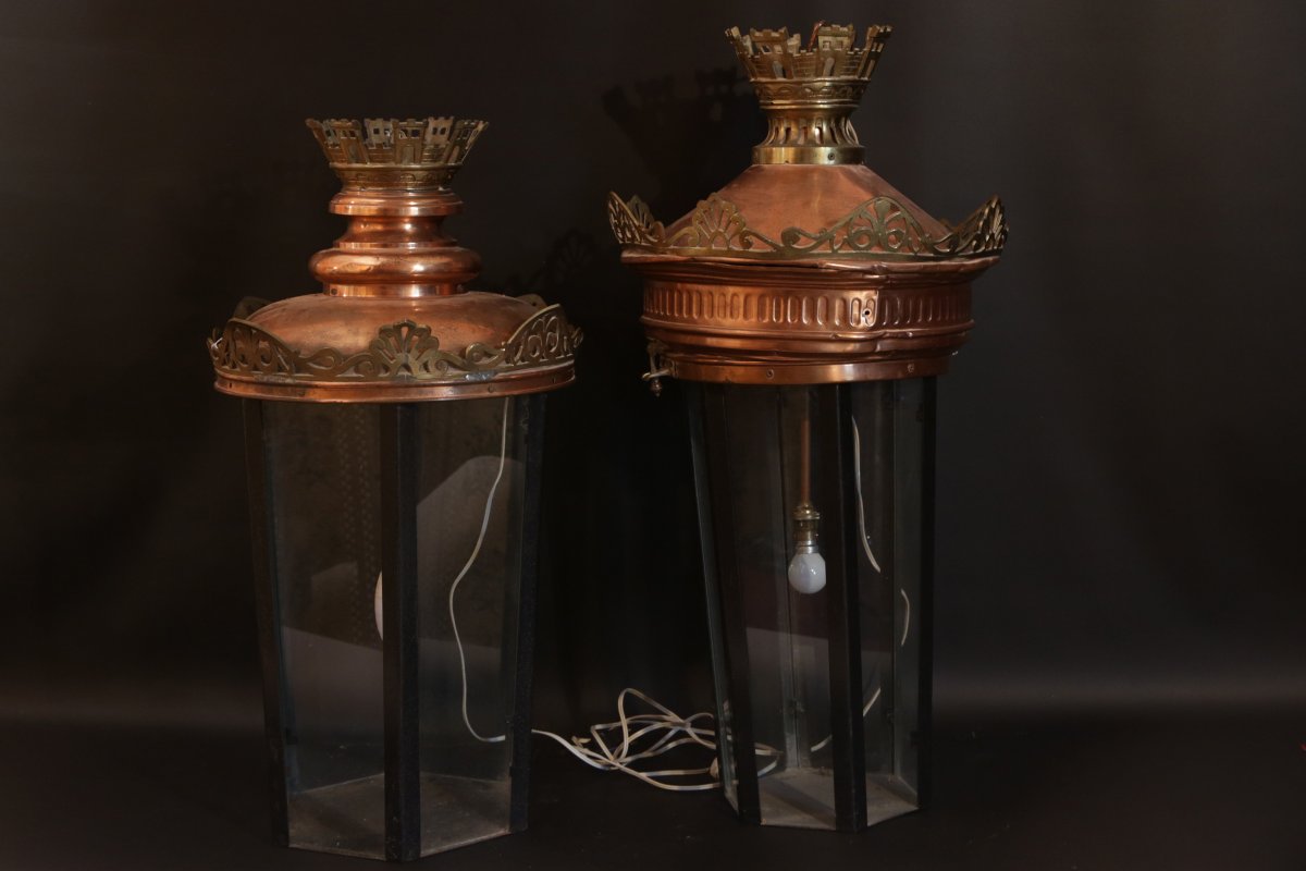 Pair Of Copper And Brass Lanterns (false Pair)-photo-5