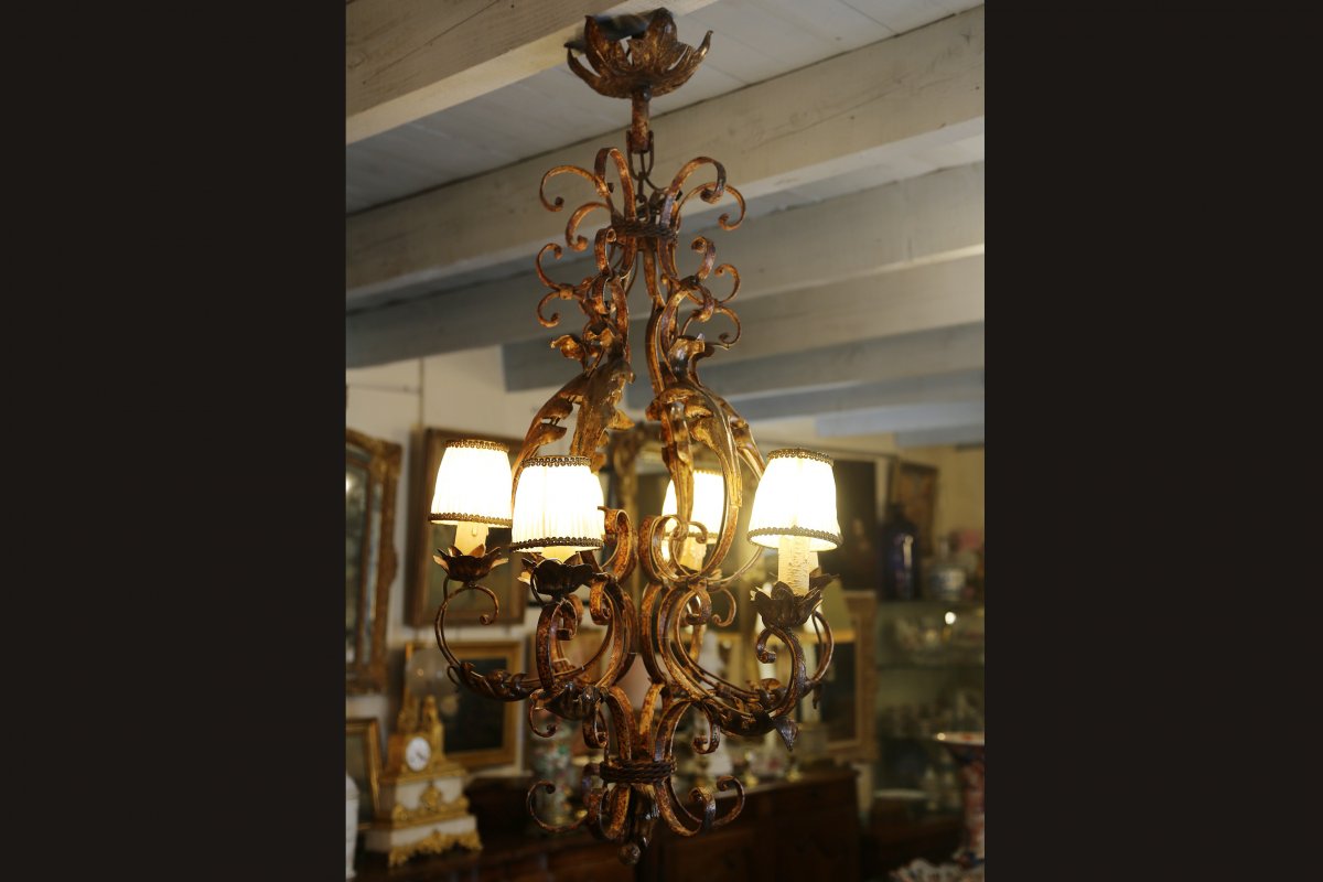 Rustic Wrought Iron Cage Chandelier, Late 19th Early 20th-photo-2