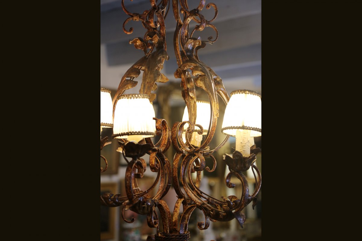 Rustic Wrought Iron Cage Chandelier, Late 19th Early 20th-photo-4