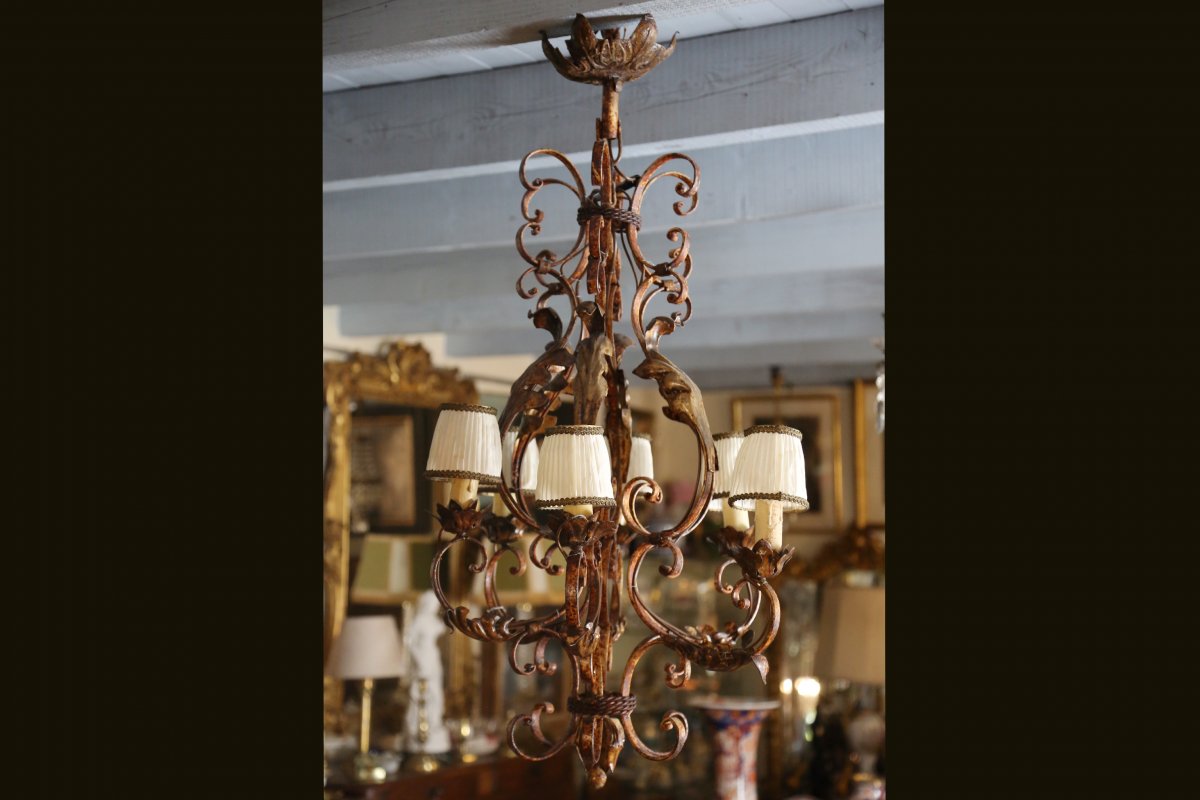 Rustic Wrought Iron Cage Chandelier, Late 19th Early 20th-photo-4