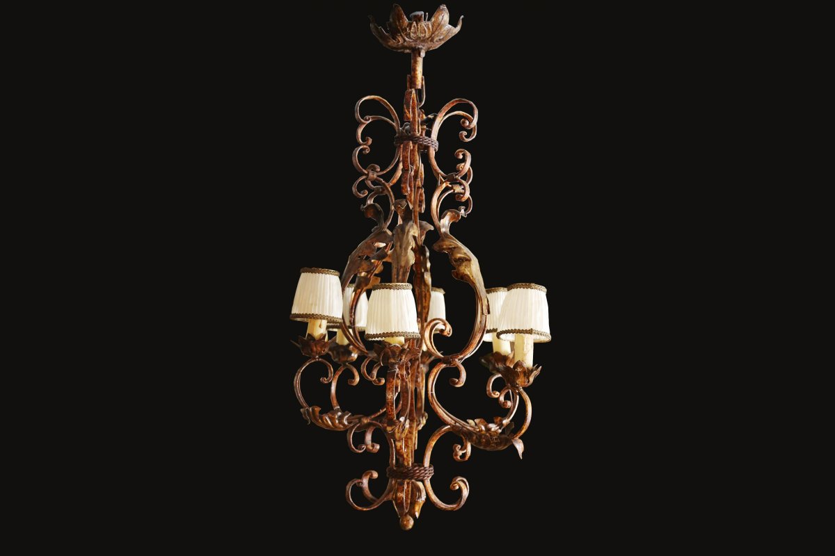 Rustic Wrought Iron Cage Chandelier, Late 19th Early 20th