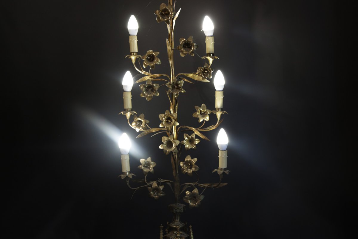 Luminaire Néo-gothique En Laiton, Fin XIXème Début XXème  -photo-4