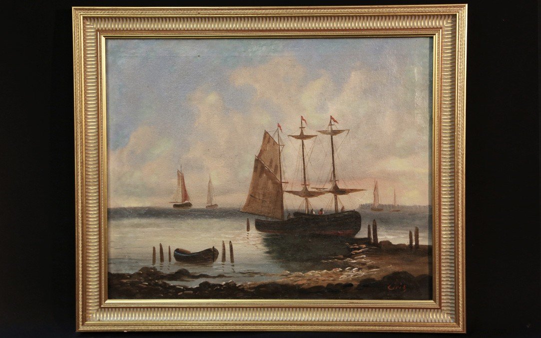 Huile Sur Toile, Marine Signée Gabriel Bois, XIXème 