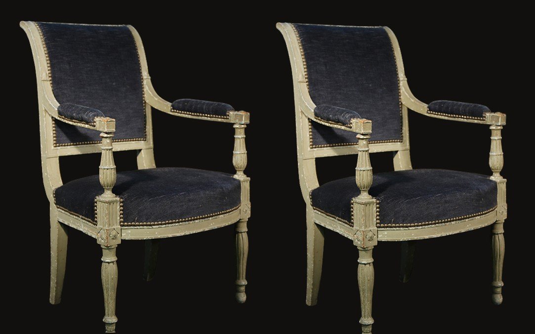 Paire De Fauteuil Directoire, Peint, Sangle, XVIIIème