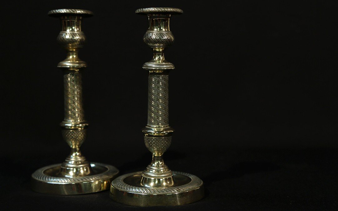 Pair Of Directoire Candlesticks, Bronze-photo-3