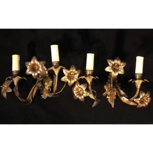 Pair Of Electrified Golden Sheet Wall Sconces