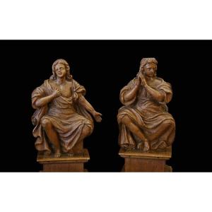 Paire De Statues En Bois, XVIIIeme Siècle