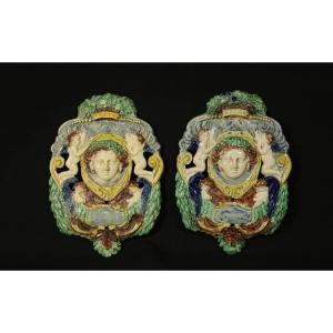 Pair Of Transoms, Barbotine, School Of Tours 19th Century