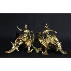 Andirons In Gilt And Chiseled Bronze 19th Century