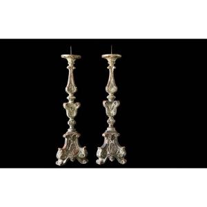 Pair Of Candelabra, 18th Century Silver Wood Torches