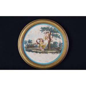 Gravure coloré ronde, XVIIIeme, allégories de septembre