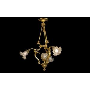 Lustre En Bronze Art Nouveau, Années 1900