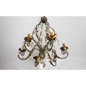 Lustre en fer forgé et pampilles, circa 1900