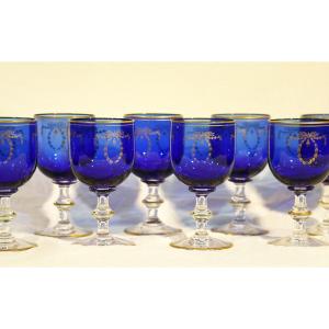 Service de 8 verres cristal bleu, Napoléon III 
