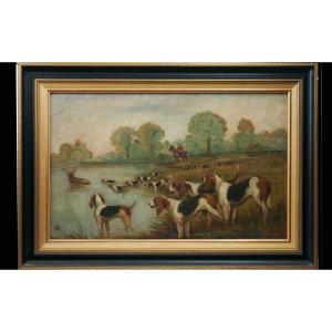 Huile sur toile, chasse à courre, signé B.R.