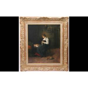 Oil On Canvas, Woman Knitting, William De Lancy-ward, Usa, 19th Century