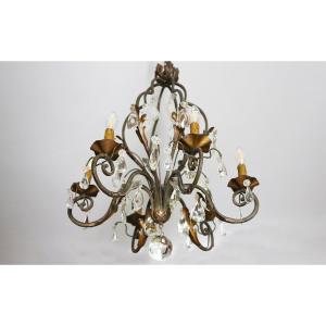 Wrought-iron Chandelier With Pendants, Circa 1900