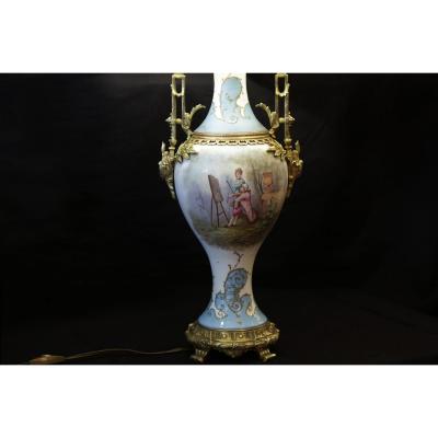 Porcelain Lamp And Bronze Chiselled Art Nouveau