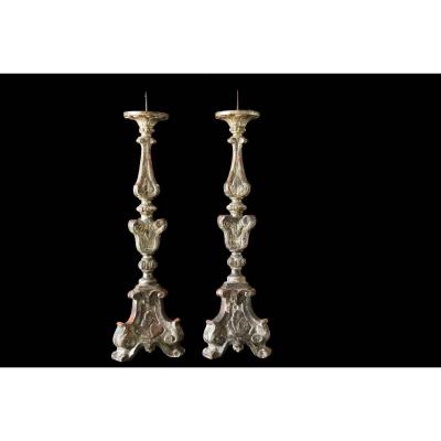 Pair Of Candelabra, Torches, 18th Century Silver Wood