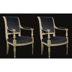 Pair Of Directoire Armchair, Painted, Strap, Eighteenth