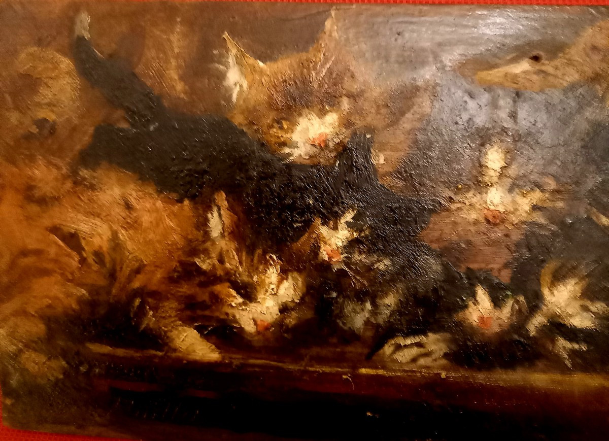 Huile sur panneau " le repas des chats) Paillet Edouard-photo-1