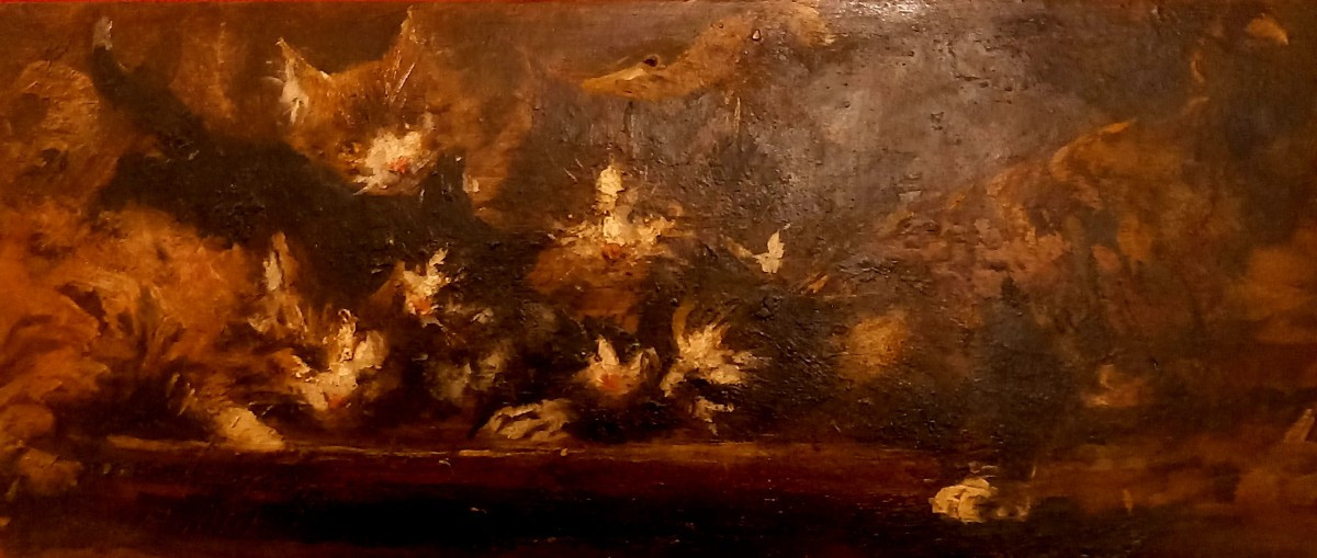 Huile sur panneau " le repas des chats) Paillet Edouard