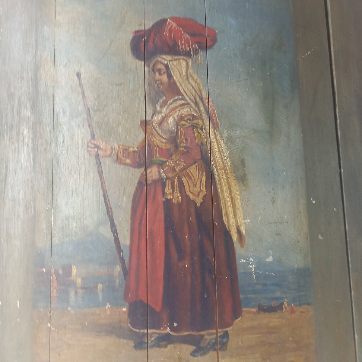 Two 19th-century Oil Paintings Of Figures On Wooden Doors-photo-2