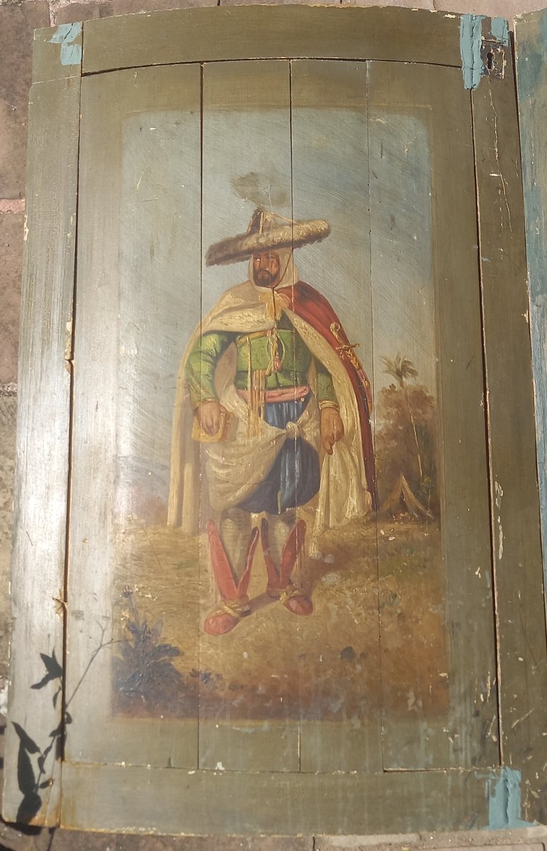 Two 19th-century Oil Paintings Of Figures On Wooden Doors-photo-3