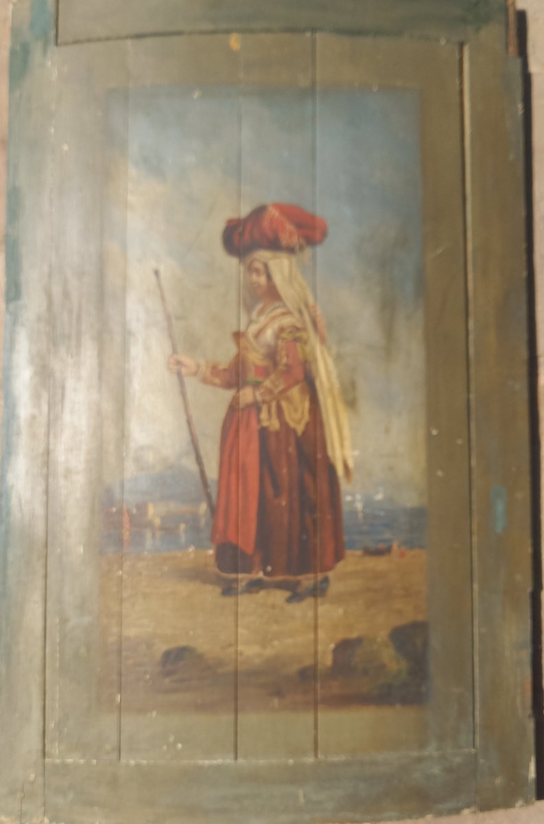 Two 19th-century Oil Paintings Of Figures On Wooden Doors-photo-4