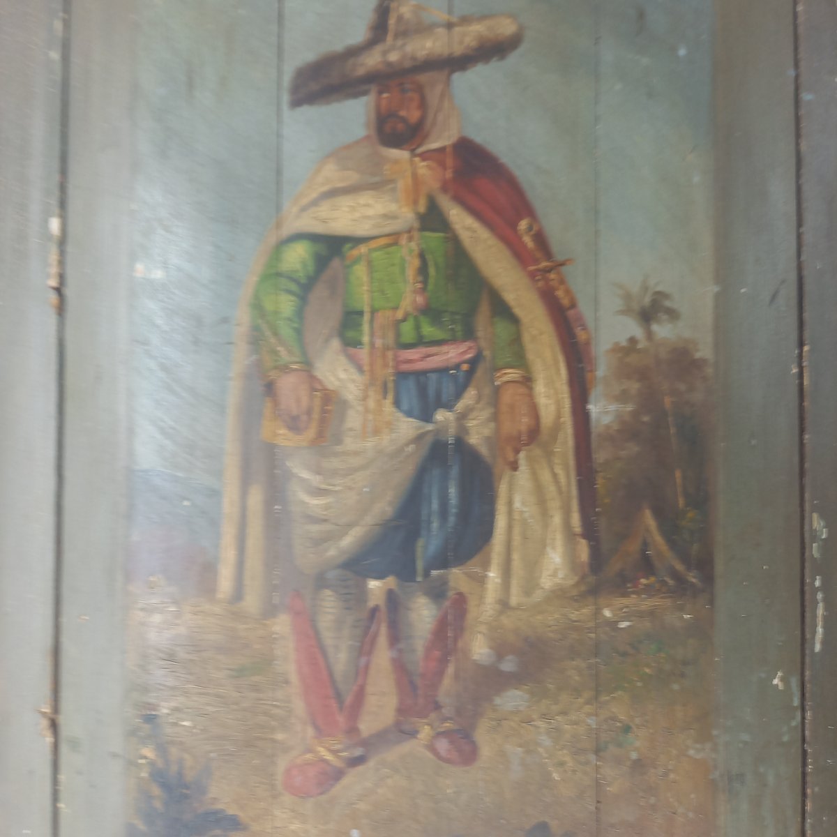 Two 19th-century Oil Paintings Of Figures On Wooden Doors-photo-1