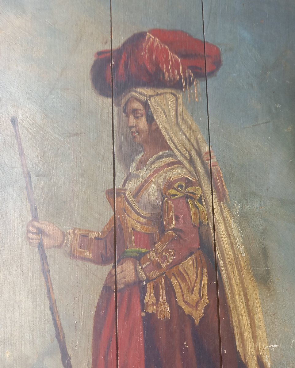 Two 19th-century Oil Paintings Of Figures On Wooden Doors-photo-2