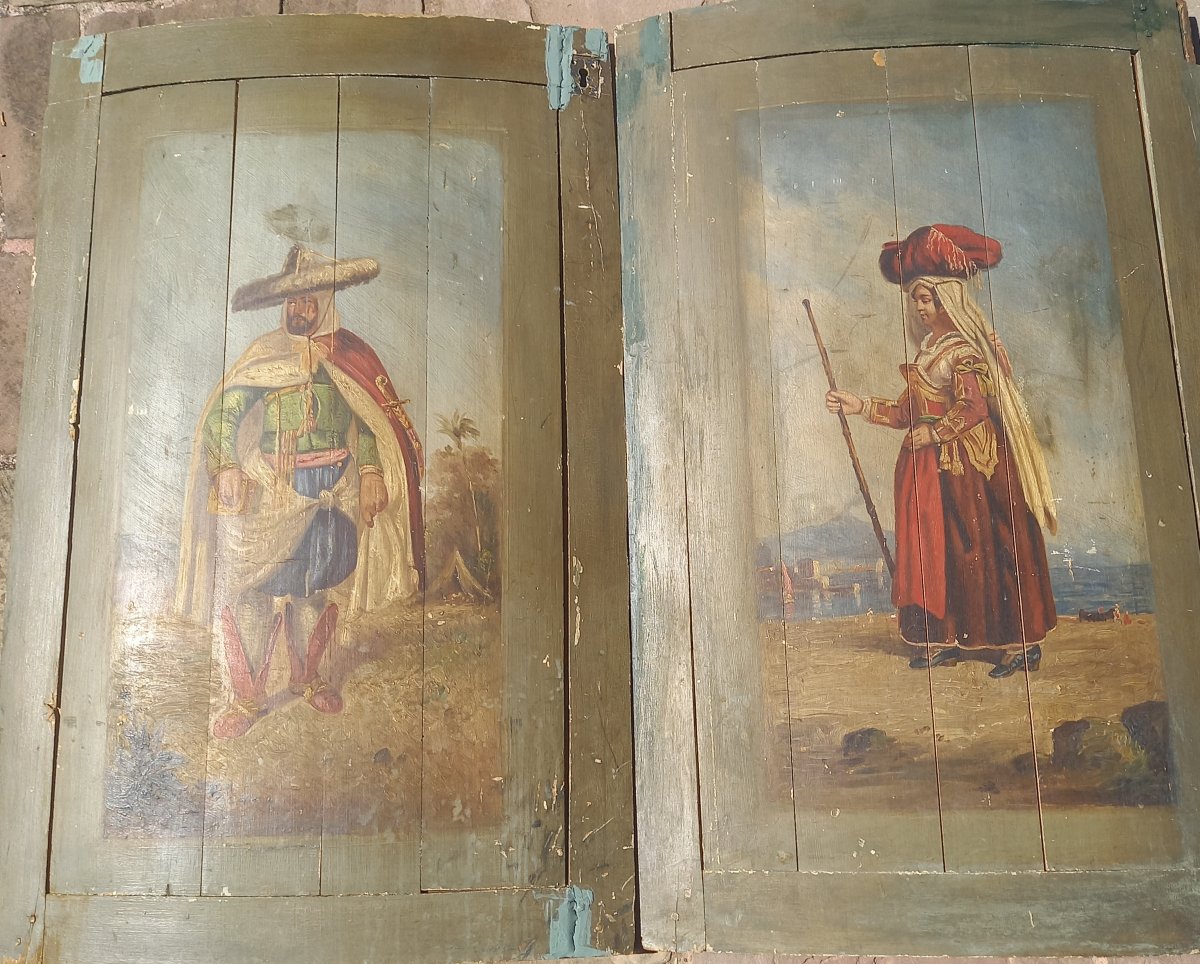 Two 19th-century Oil Paintings Of Figures On Wooden Doors