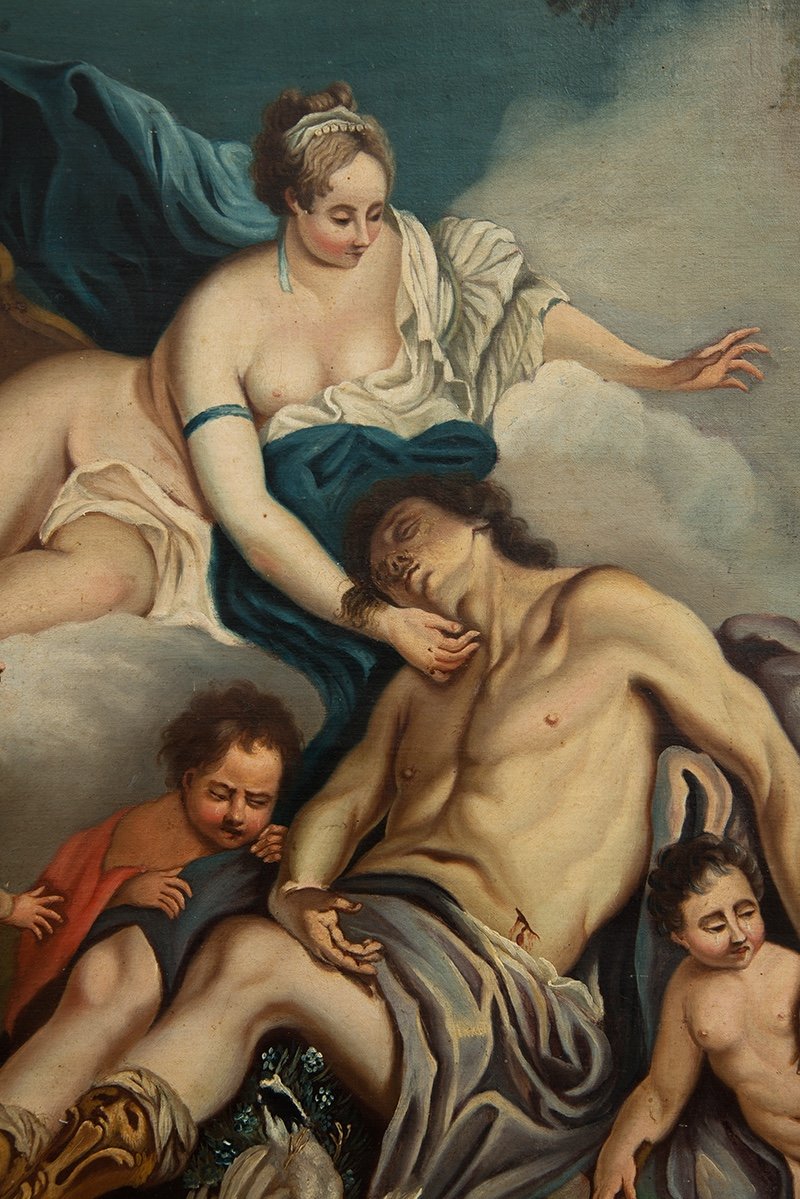 Tableau Ancienne Huile Sur Toile Représentant Vénus Et Adonis. France 18ème Siècle.-photo-2