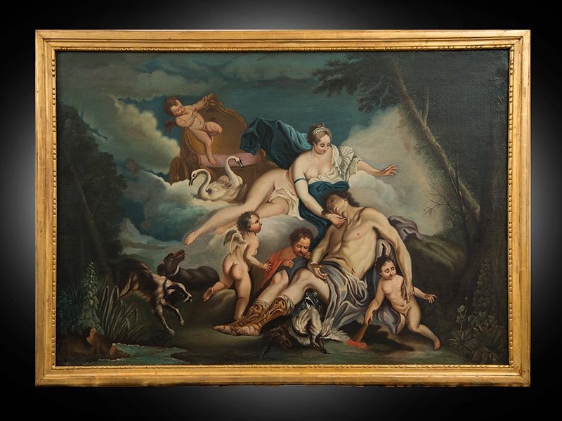 Tableau Ancienne Huile Sur Toile Représentant Vénus Et Adonis. France 18ème Siècle.