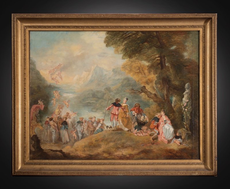 Ancient Oil Painting On Canvas Depicting The Pilgrimage To Cythera. France 19th Century.