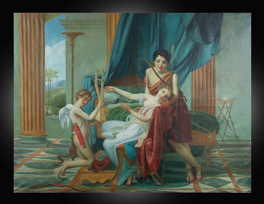 Ancient Oil Painting On Canvas Depicting A Neoclassical Scene.