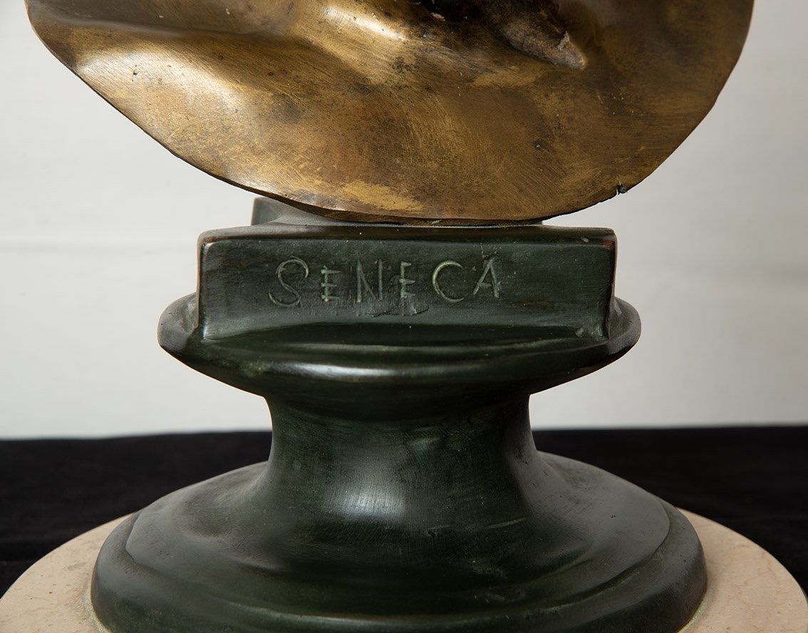 Ancienne Sculpture En Bronze Représentant La Tête Du Philosophe Sénèque. Naples 20ème Siècle.-photo-2