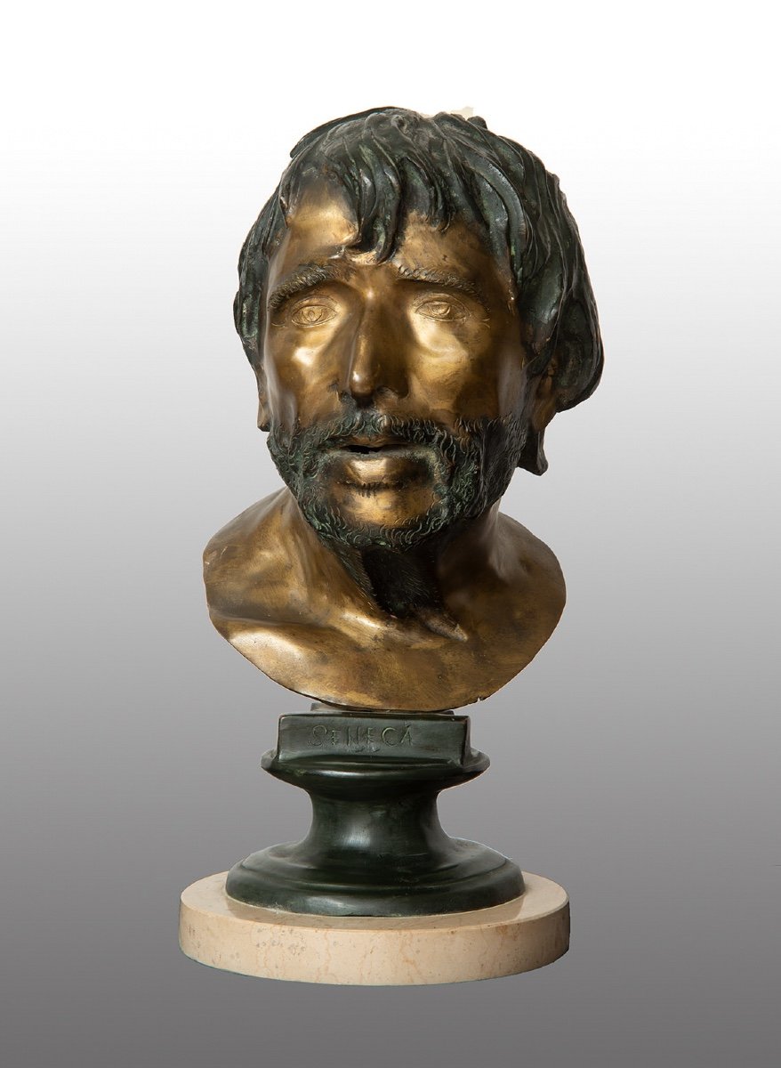 Ancienne Sculpture En Bronze Représentant La Tête Du Philosophe Sénèque. Naples 20ème Siècle.