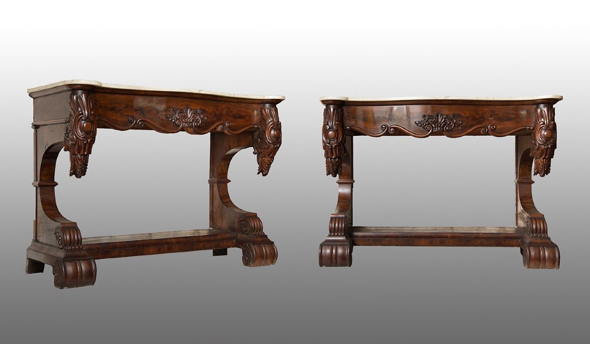 Pair Of Antique Louis Philippe Neapolitan Consoles, 19th Century Period.