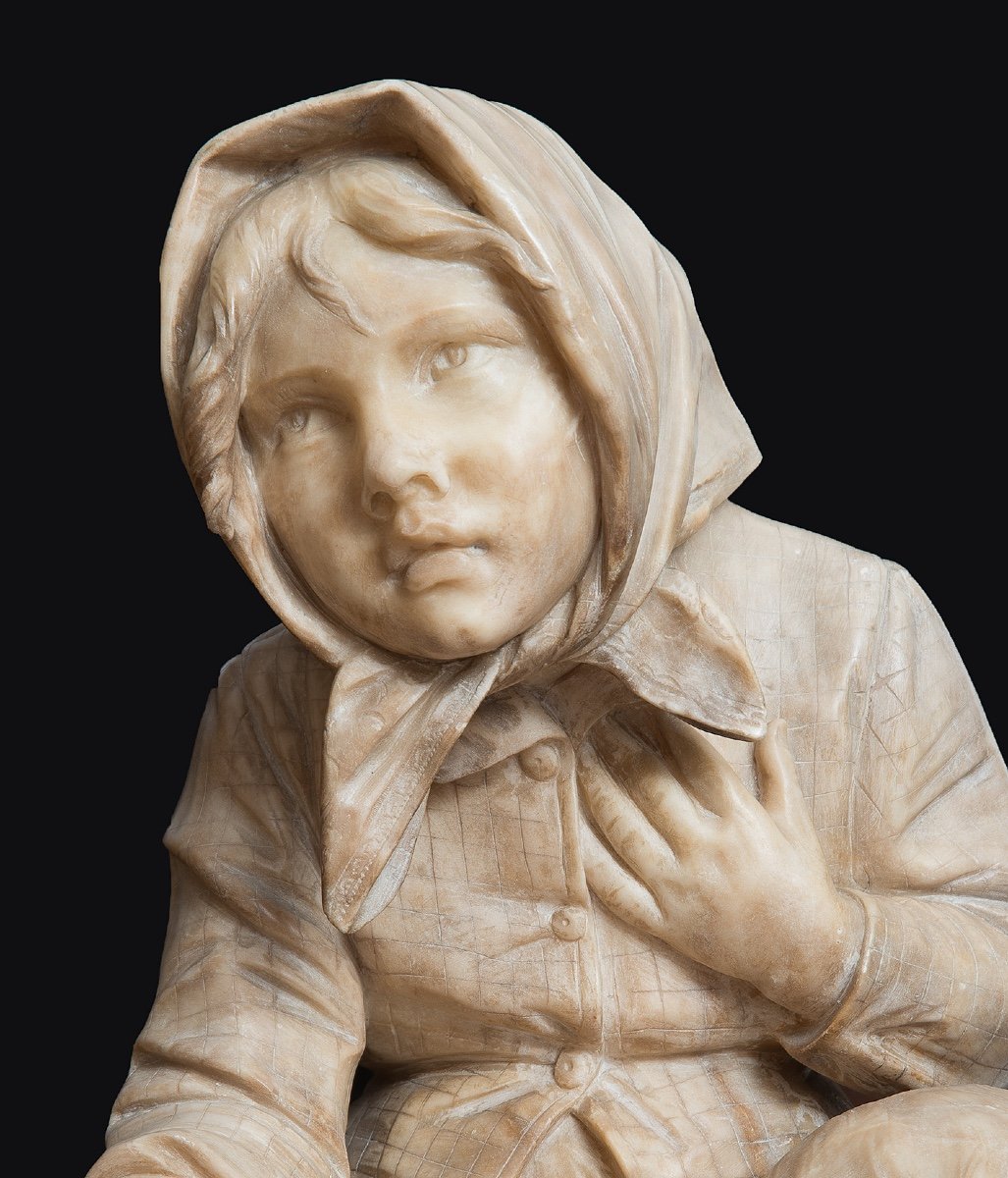 Ancient Alabaster Sculpture Depicting The Beggar Children Florence 19th Century.-photo-2