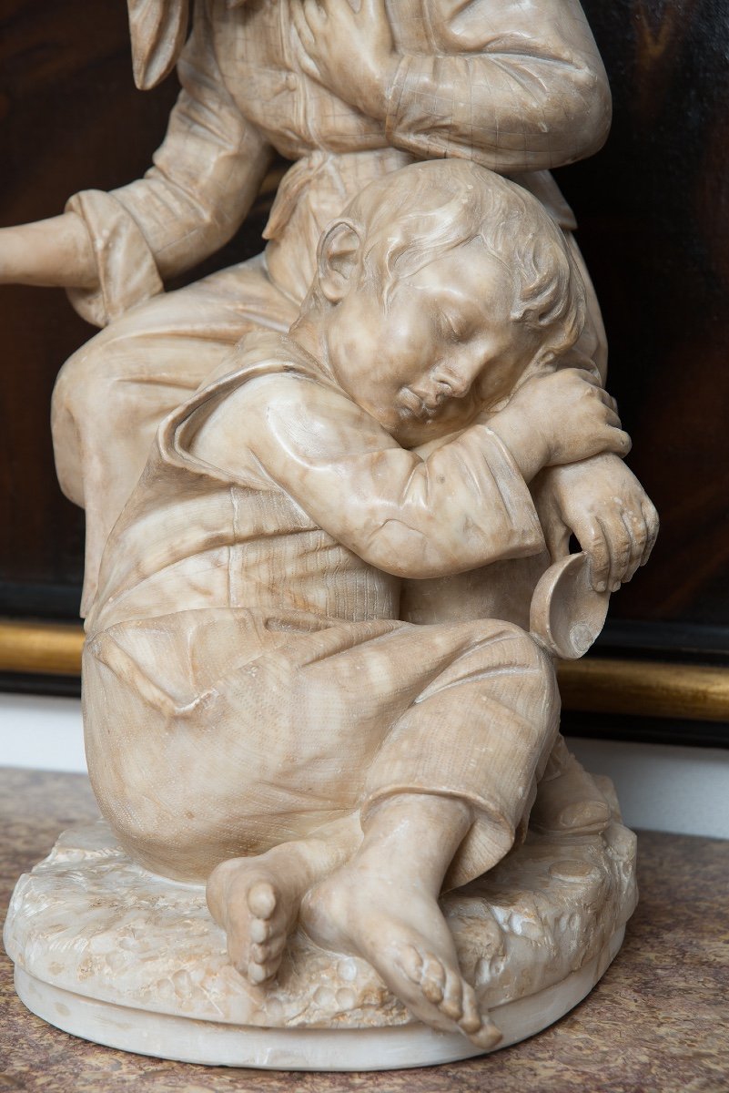 Ancient Alabaster Sculpture Depicting The Beggar Children Florence 19th Century.-photo-3