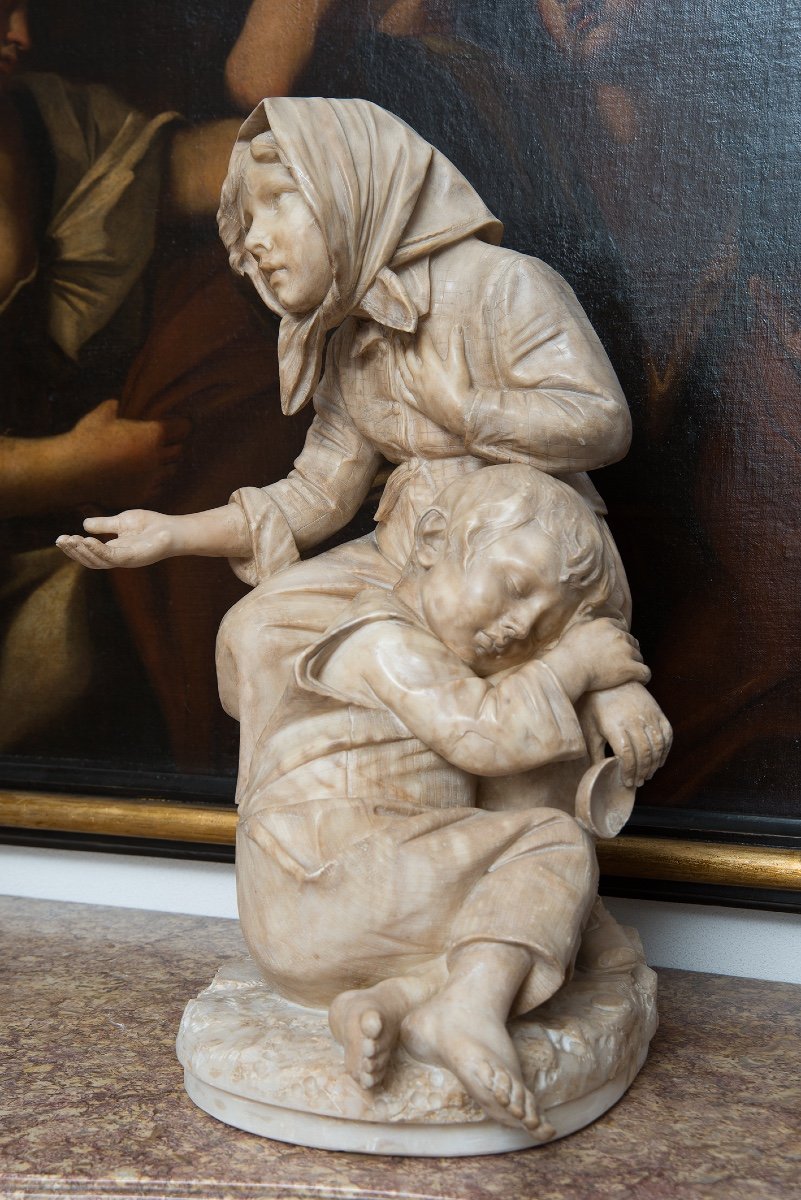 Ancient Alabaster Sculpture Depicting The Beggar Children Florence 19th Century.-photo-4