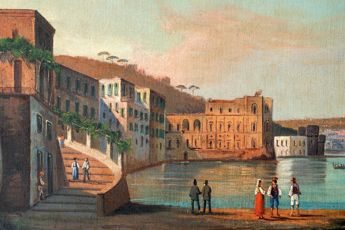 Four Ancient Oil Views On Canvas Depicting Naples, 19th Century Period.-photo-4