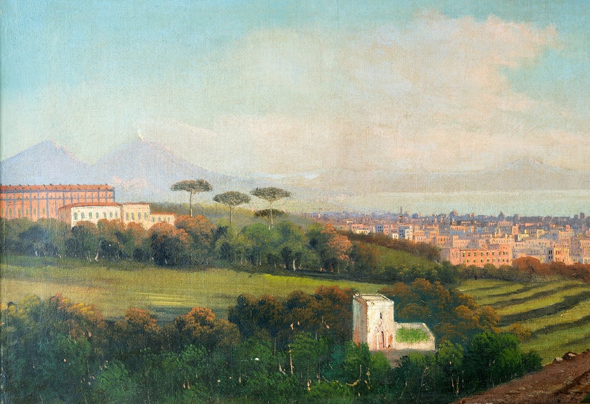 Four Ancient Oil Views On Canvas Depicting Naples, 19th Century Period.-photo-2